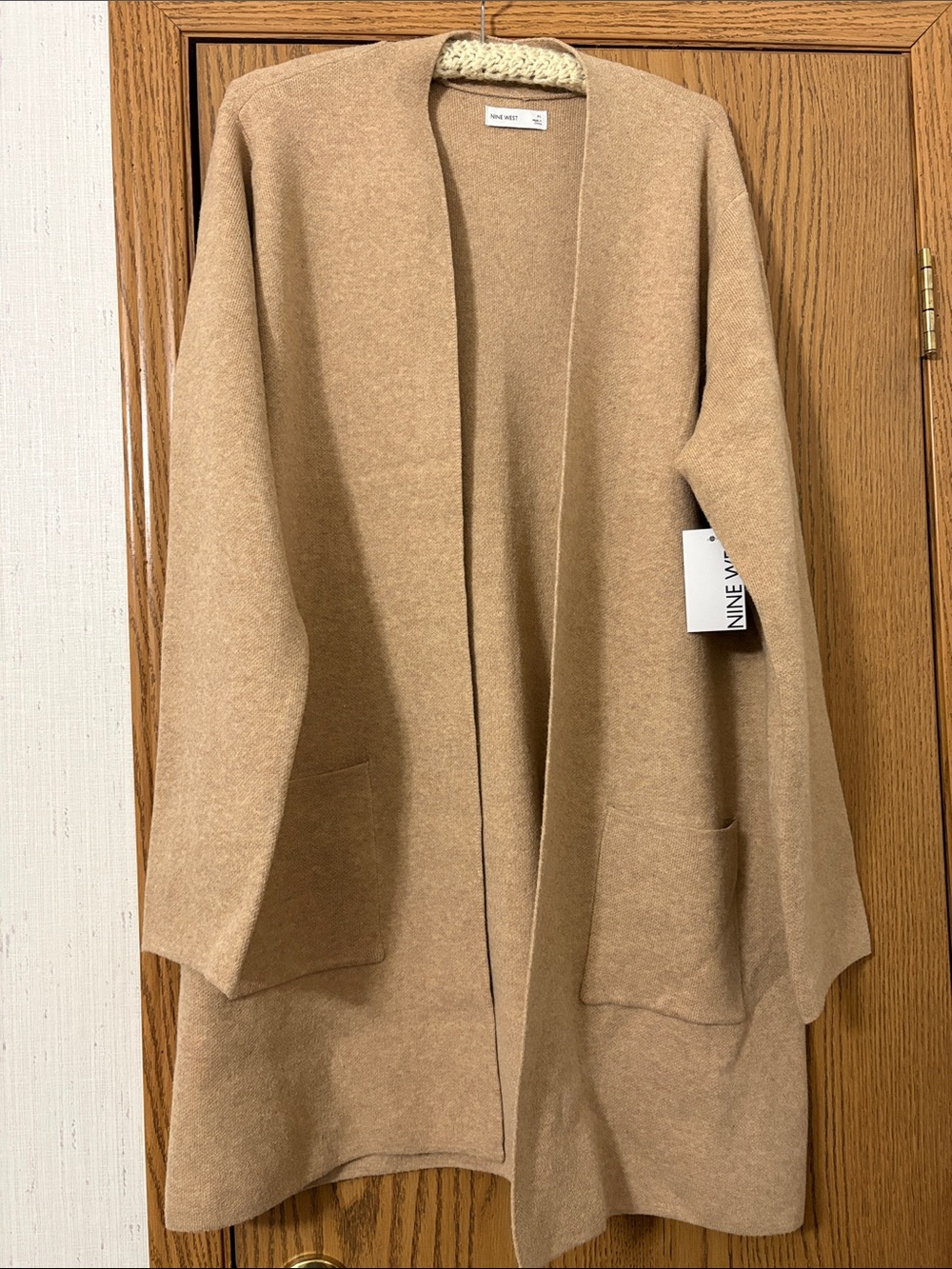 Nine West Camel Open-Front Pocket Cardigan